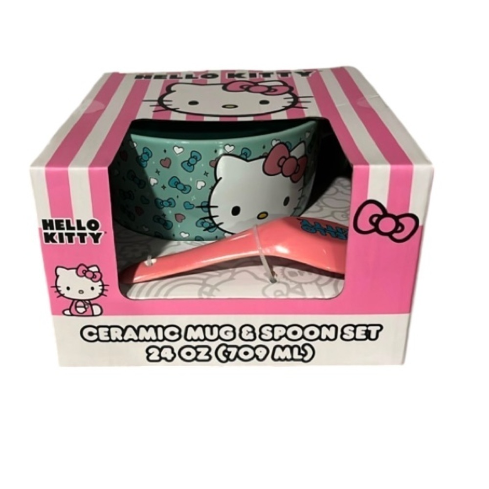 🆕 Hello Kitty Ceramic Bowl & Spoon Set Pink and Green 24 Oz